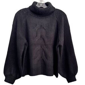 Zenana Size Medium Black Cable Knit Turtleneck Balloon Sleeve Acrylic Sweater